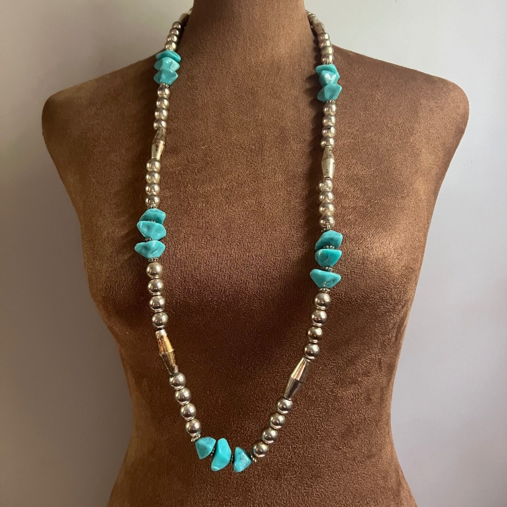 Vintage Silver Tone Faux Turquoise Nugget Bead 26" Necklace Southwestern Coastal